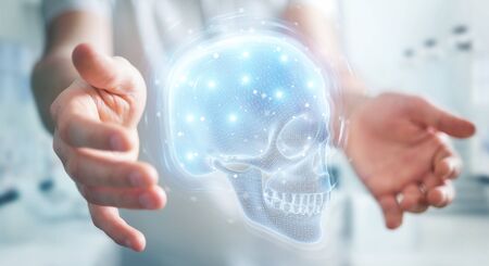 Man on blurred background using digital x-ray skull holographic scan projection 3D renderingの写真素材