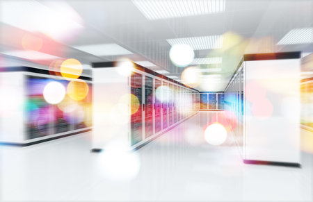 White servers data center room with bright bokeh light going through the corridor 3D rendering