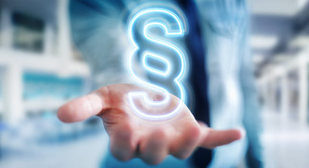 Man on blurred background using law paragraph digital neon hologram 3D renderingの写真素材