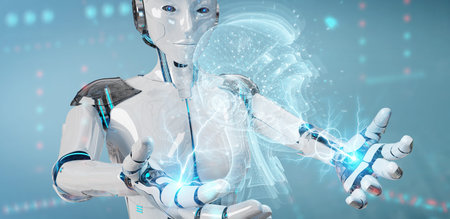Cyborg on blurred background using digital artificial intelligence holographic projection 3D...