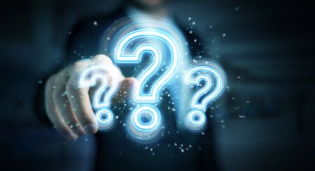Man on dark background using digital question marks holographic interface 3D renderingの写真素材