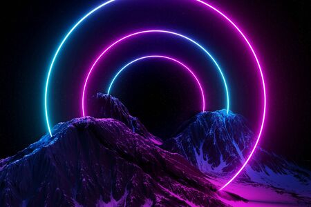 Abstract background with blue and pink neon light circles reflecting on three snowy mountains 3D renderingの写真素材