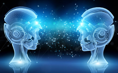 Artificial intelligence holographic projection with robot head on blue background 3D rendering