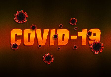 Coronavirus Covid-19 text in orangey textured style. New respiratory syndrome disease discovered in 2019 spreading pandemic. 2019-nCoV official name introduced by World Health Organization.の写真素材