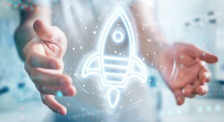 Man on blurred background using startup digital neon interface 3D renderingの写真素材