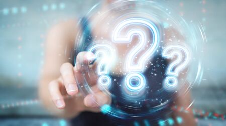 Woman on blurred background using digital question marks holographic interface 3D renderingの写真素材