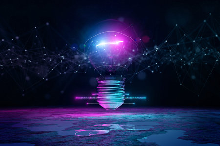 Lightbulb illuminating reflecting floor with blue and pink neon glowing light and digital network 3D...
