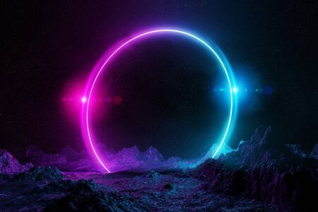 Abstract background with blue and pink neon light circle reflecting on asteroid mountain ground 3D renderingの写真素材