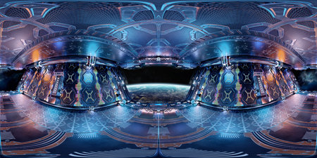 High resolution HDRI panoramic view of coloured spaceship interior. 360 panorama reflection mapping...