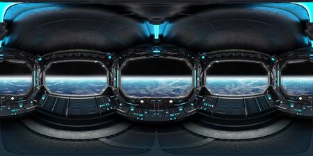 High resolution HDRI panoramic view of dark blue spaceship interior. 360 panorama reflection mapping of a futuristic spacecraft room 3D rendering.の写真素材