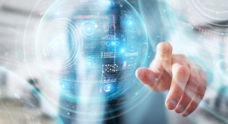 Businessman on blurred background using digital technological interface with datas 3D rendering