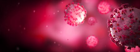 Microscopic close-up of the covid-19 disease. Red Coronavirus illness spreading in body cell. 2019-nCoV analysis on microscope level 3D renderingの写真素材