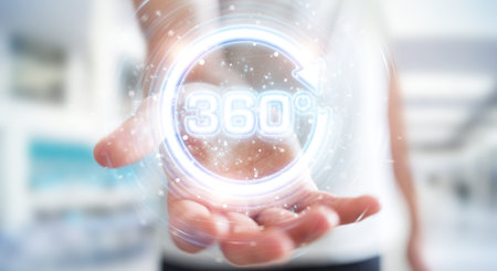 Man on blurred background using 360 degree virtual reality neon interface 3D rendering