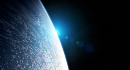 View of blue planet Earth close up with atmosphere during a sunrise 3D rendering elements of this...