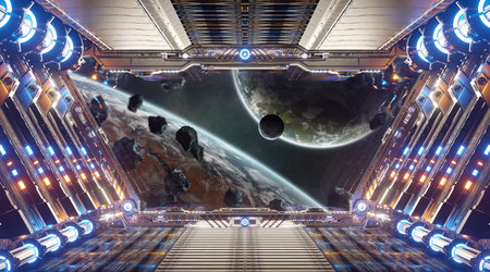 Orange and blue futuristic spaceship interior with window view on distant planets system 3d...