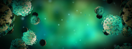 Microscopic close-up of the covid-19 disease. Green Coronavirus illness spreading in body cell....