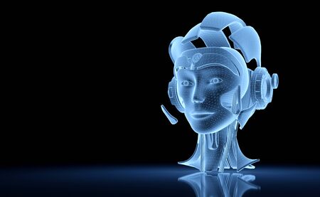 Artificial intelligence holographic projection with robot head on blue background 3D renderingの写真素材