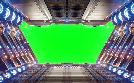Orange and blue futuristic spaceship interior with green window screen 3d renderingの写真素材