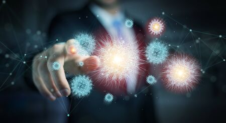 Man on dark background analyzing coronavirus on microscopic close-up 3D renderingの写真素材