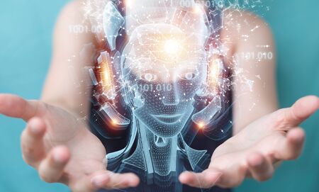 Woman on blurred background using digital artificial intelligence holographic projection 3D...
