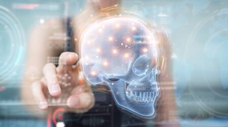 Woman on blurred background using digital x-ray skull holographic scan projection 3D renderingの写真素材