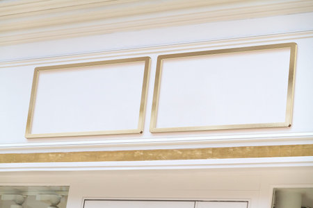 Rectangular storefront golden frames Mockup. Empty store brand signboards on a shop frontage