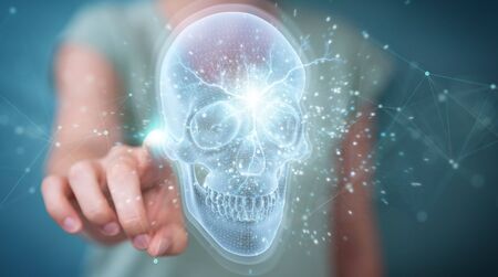 Woman on blurred background using digital x-ray skull holographic scan projection 3D renderingの写真素材