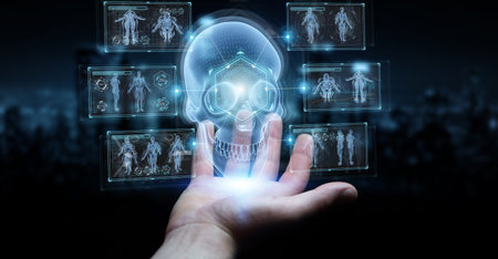 Man hand on dark background using digital x-ray skull holographic scan projection 3D rendering