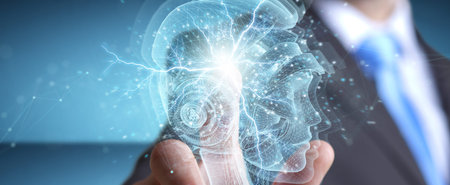 Man on blurred background using digital artificial intelligence holographic projection 3D rendering