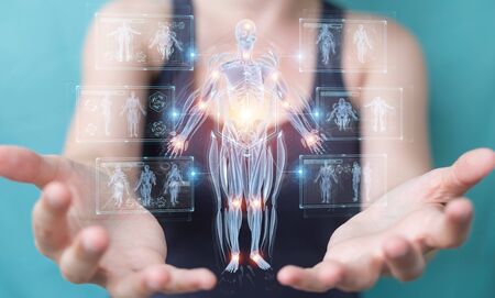 Woman on blurred background using digital x-ray human body holographic scan projection 3D renderingの写真素材