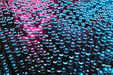 Metallic black blue ad pink glowing hexagons moving pillars abstract background 3D renderingの写真素材