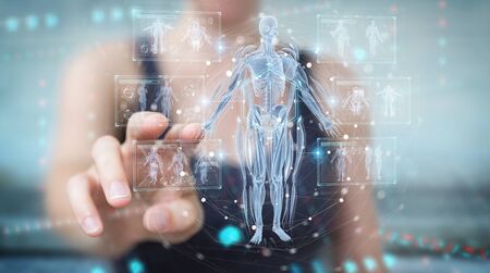 Woman on blurred background using digital x-ray human body holographic scan projection 3D renderingの写真素材