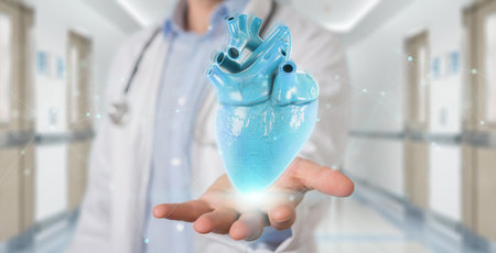 Cardiologist on blurred background using digital x-ray of human heart holographic scan projection 3D...