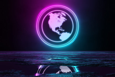 Digital web holographic icon in circle illuminating the floor with blue and pink neon light 3D...