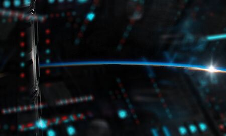 View of blue planet Earth horizon from a space station window during a sunrise 3D renderingの写真素材