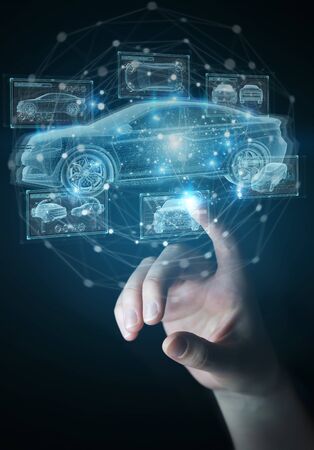 Man hand on dark background holding and touching holographic smart car interface projection 3D renderingの写真素材