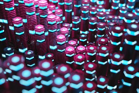 Metallic black blue ad pink glowing hexagons moving pillars abstract background 3D renderingの写真素材