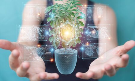 Woman on blurred background holding and touching holographic projection of a plant with digital analysis 3D renderingの写真素材