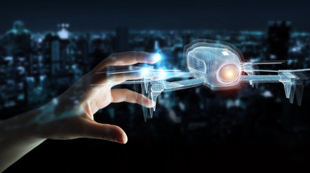 Businessman on dark background holding and touching holographic drone projection in his fingers 3D...