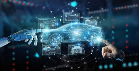 Robot hand on blurred background holding and touching holographic smart car interface projection 3D renderingの写真素材