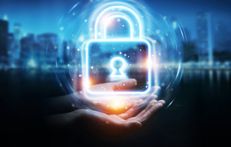 Man hand on dark background using digital web protection blue holographic interface 3D renderingの写真素材