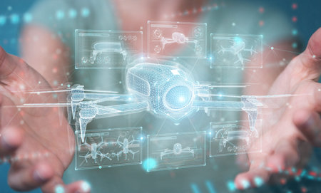 Woman on blurred background holding and touching modern drone with her hand 3D rendering