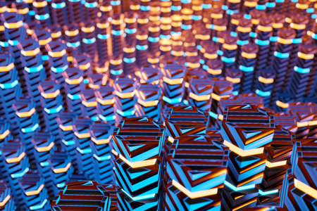 Metallic black blue and orange glowing hexagons moving pillars abstract background 3D renderingの写真素材