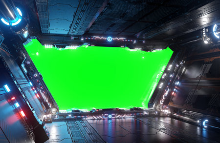 Blue and red futuristic spaceship interior with green window screen 3d rendering