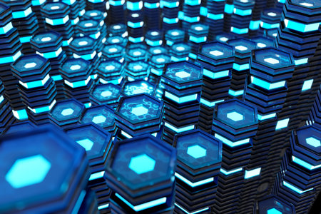 Metallic black and blue glowing hexagons moving pillars abstract background 3D rendering
