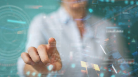 Woman on blurred background using digital technological interface with data 3D rendering