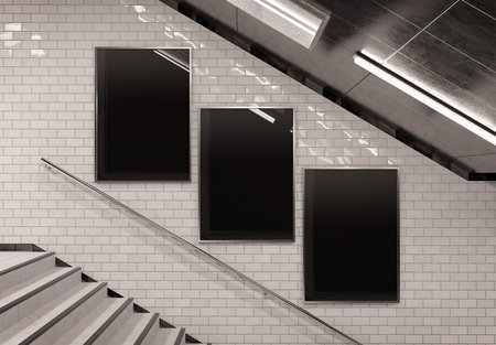 Three vertical billboards on underground stairs wall Mockup. Triptych hoardings advertising in white...