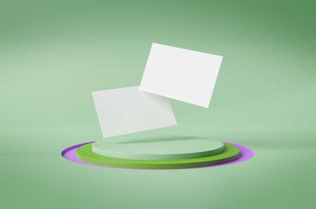 Two floating business cards on stage podium Mockup. Template of international calling cards on pedestral 3D renderingの写真素材