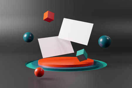 Floating business cards on stage podium Mockup. Template of international calling cards on pedestral with flying elements 3D renderingの写真素材