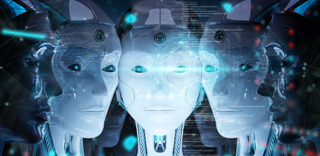 Group of female robot heads using digital hologram screens interface 3d rendering